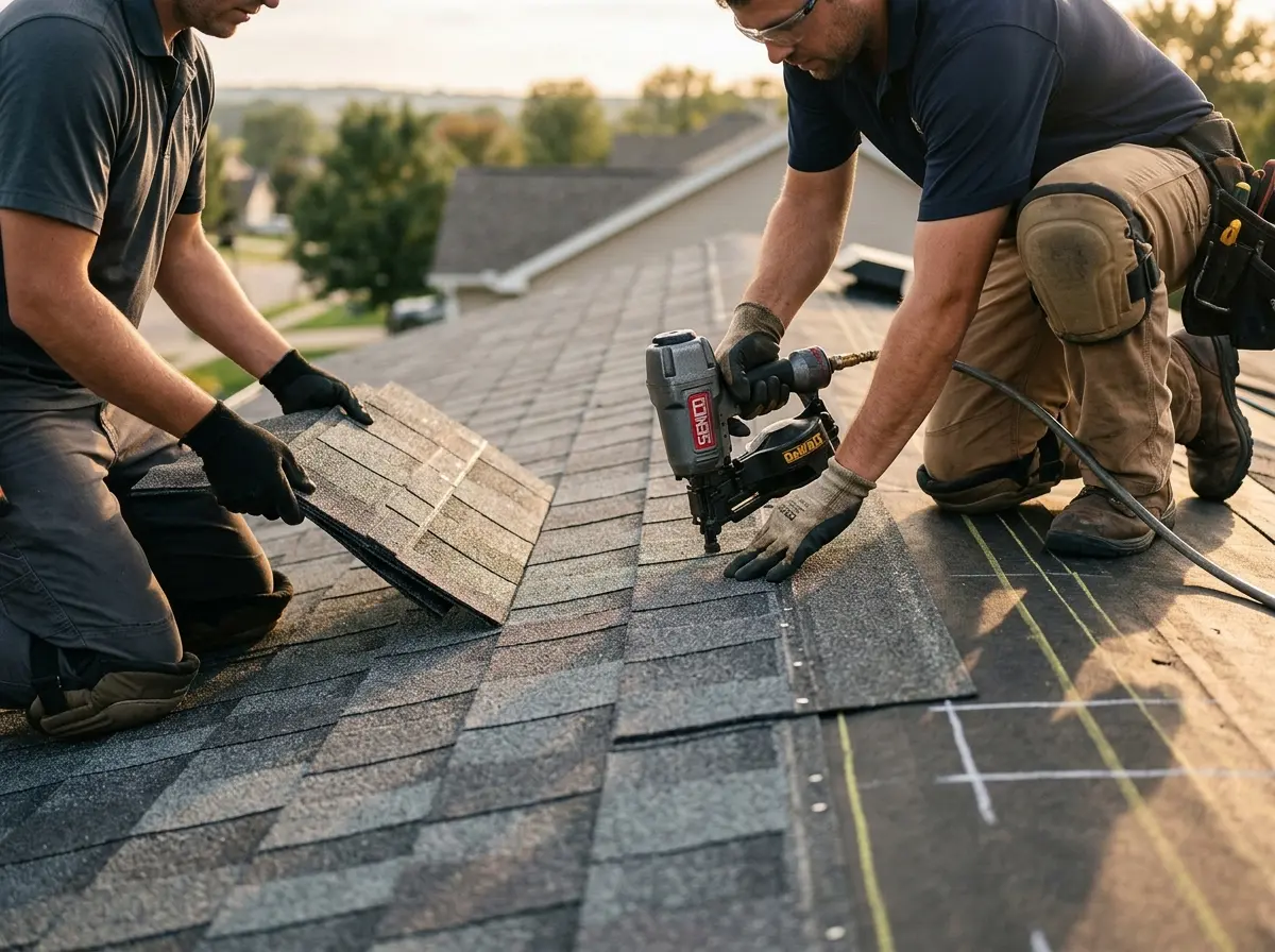 Professional roofer working on a residential roof in White Knoll
